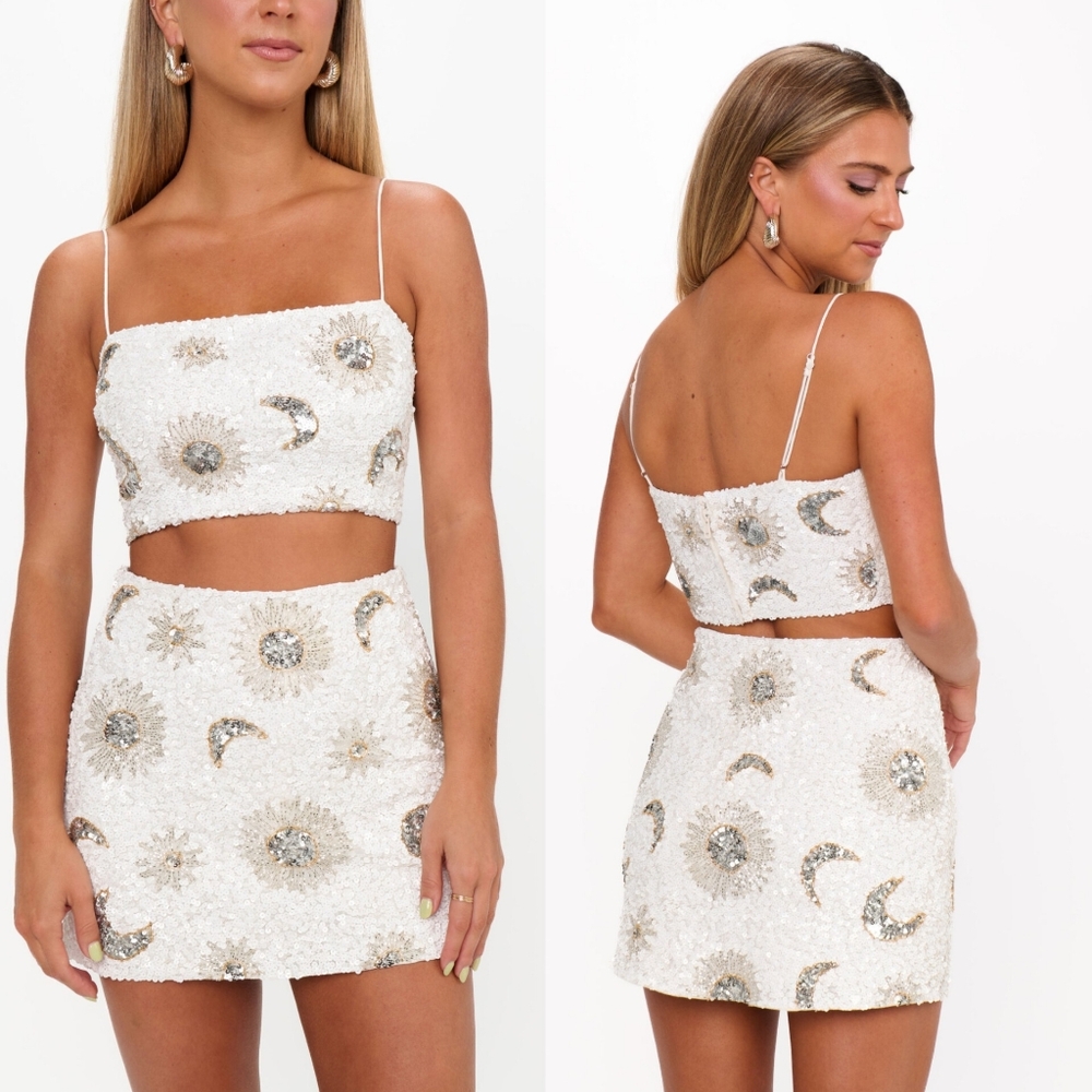Show Me Yout MuMu Tish White Celestial Sequins XS Top Party Festival Feminine